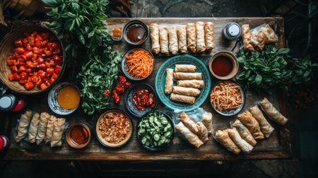 A colorful arrangement of fresh ingredients and handmade dishes on a wooden table, showcasing spring rolls, vegetables, and flavorful sauces perfect for a gathering.の素材