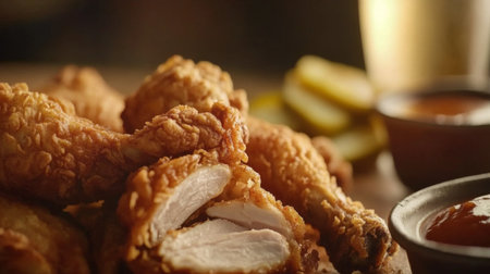 Indulge in crispy fried chicken drumsticks served with tangy sauces and pickles. This appetizing meal is perfect for gatherings, parties, or casual dining.の素材