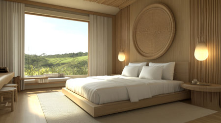A cozy minimalist bedroom featuring natural light flooding through large windows. The design emphasizes simplicity with wood accents and serene greenery outside.の素材