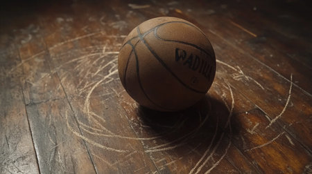 A lone basketball rests on a weathered wooden floor, surrounded by playful chalk scribbles. The atmospheric setting highlights the essence of sport and play.の素材