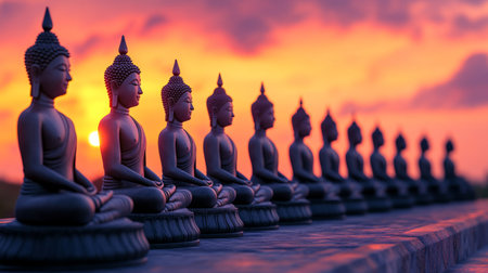 A row of serene Buddha statues aligns against a stunning sunset sky, capturing a moment of tranquility and reflection, perfect for themes of spirituality and calm.の素材