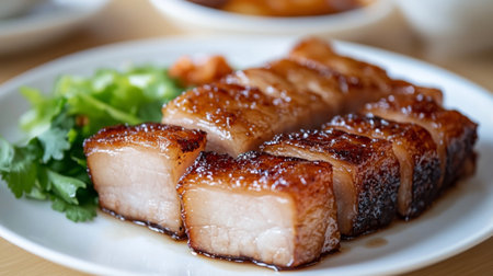 This image features succulent pork belly with a crispy skin, served with fresh herbs on a plate. A perfect dish for culinary enthusiasts and food lovers.の素材
