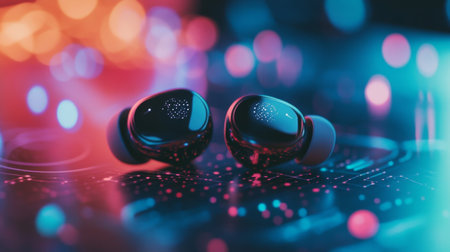 Discover these stylish Bluetooth earbuds against a vibrant backdrop of lights and patterns. Perfect for music lovers, these earbuds combine sleek design with advanced technology.の素材