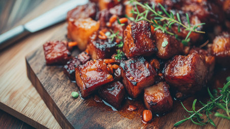 A close-up view of savory glazed pork cubes garnished with herbs on a rustic wooden board. Ideal for food enthusiasts seeking delicious culinary inspiration.の素材