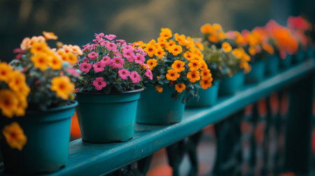 A stunning display of vibrant flower pots filled with pink and yellow blooms aligned on a railing, creating a picturesque outdoor scene filled with color and serenity.の素材