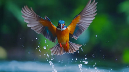 A stunning kingfisher bird catches the viewer's eye as it soars above the water, creating a beautiful splash. Nature's vibrant colors and dynamic motion celebrate wildlife.の素材