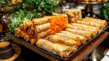 A tempting display of spring rolls accompanied by fresh carrots and herbs. Perfect for parties, catering events, or restaurant appetizers, showcasing vibrant colors and textures.の素材