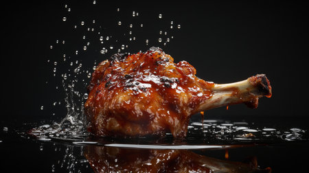 A mouthwatering chicken drumstick drenched in rich glaze creates an eye-catching splash against a dark backdrop. Perfect for culinary showcases.の素材