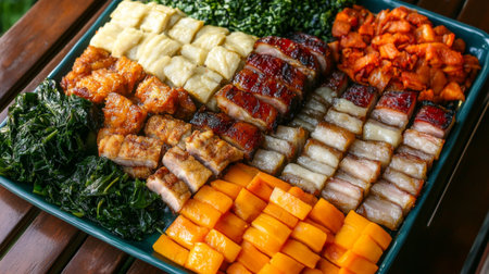 A vibrant platter featuring an array of cooked meats and vegetables, showcasing delicious flavors and textures perfect for a festive gathering or special meal.の素材