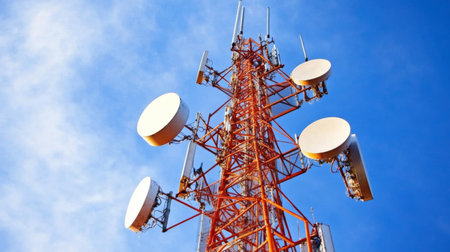 A striking telecommunication tower featuring multiple satellite dishes stands tall against a vibrant blue sky. This image captures the essence of modern communication technology.の素材