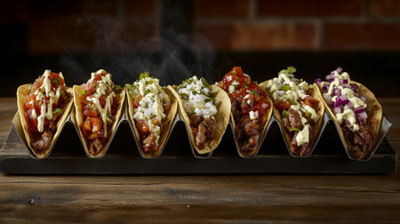 Indulge in a vibrant assortment of colorful tacos, each filled with fresh toppings and served on a rustic wooden board, perfect for any meal.の素材