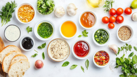 A vibrant arrangement of fresh ingredients and various sauces on a white surface, showcasing herbs, garlic, tomatoes, and bread for culinary inspiration.の素材