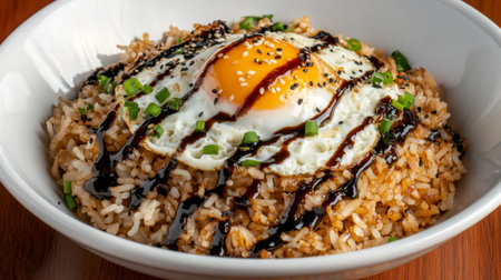 Indulge in a tasty fried rice bowl topped with a perfectly fried egg, garnished with green onions and sesame seeds, drizzled with a rich sauce.の素材