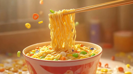 A mouthwatering bowl of instant noodles, expertly lifted with chopsticks, showcasing vibrant toppings, perfect for meal inspiration or food photography.の素材
