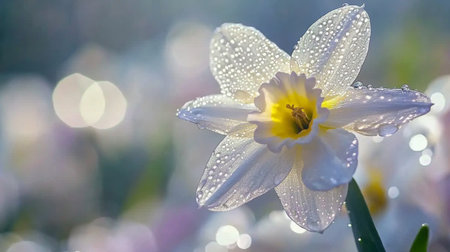 A stunning close-up of a white flower adorned with dew droplets, showcasing its delicate petals and vibrant yellow center against a soft bokeh background.の素材