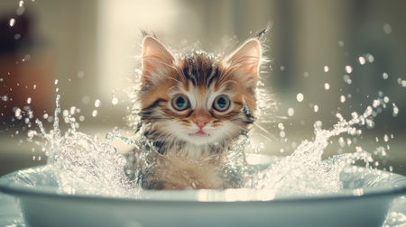 A cute kitten joyfully splashes in a water bowl, showcasing its playful nature and sparkling water droplets, creating a delightful and heartwarming moment.の素材