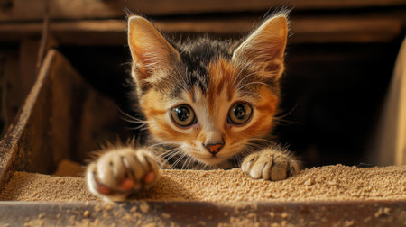 A charming calico kitten peeks out from a wooden box filled with sand, showcasing its playful curiosity and adorable features. Perfect for animal lovers.の素材