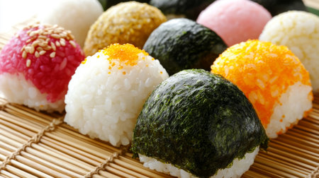 A stunning display of colorful rice balls topped with nori and various toppings. This image captures the essence of Japanese cuisine, perfect for food lovers.の素材