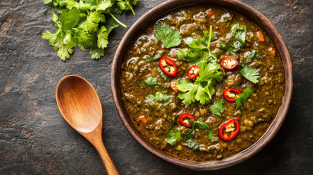 A vibrant bowl of delicious green lentil curry with fresh cilantro and chili slices, perfect for a healthy vegetarian meal or a comforting dish.の素材