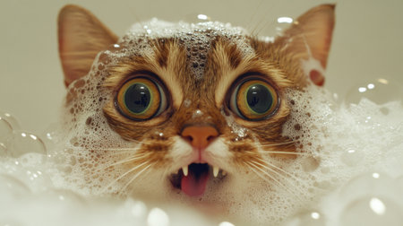 A surprised cat with large, expressive eyes emerges from a bubble bath, surrounded by frothy foam. This adorable portrait captures the playful and humorous side of pets enjoying their bath time.の素材