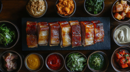 A vibrant display of assorted meats paired with various sauces and fresh ingredients, perfect for sharing at gatherings or enjoying a delightful meal.の素材