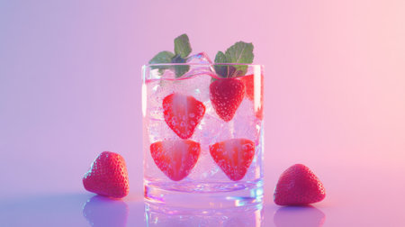 A vibrant strawberry drink is served in a clear glass with ice and mint leaves. This refreshing beverage creates a perfect summer vibe and appeals to fruit lovers.の素材