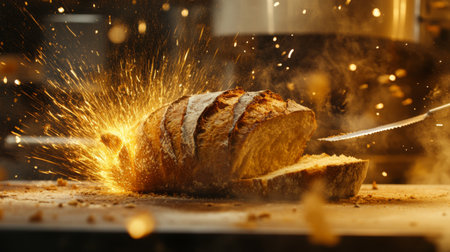 A freshly baked bread loaf sits on a wooden board, sliced with sparks flying around. The scene captures the essence of warm and inviting kitchen moments.の素材