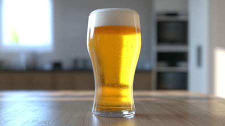 A refreshing glass of golden beer sitting on a wooden table, showcasing frothy foam and condensation. Perfect representation of leisure and relaxation.の素材