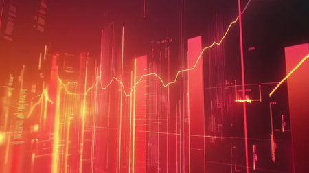 Dynamic abstract background featuring vibrant red tones and stock market data visualizations, capturing the essence of financial analytics and digital innovation.の素材