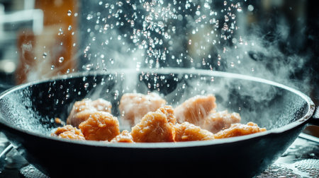 A vibrant image featuring crispy fried chicken cooking in hot oil, creating splashes and steam, emphasizing the art of cooking in a lively kitchen atmosphere.の素材