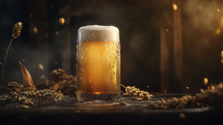 A stunning glass of fresh beer stands on a rustic wooden table, surrounded by grains and wheat. The golden liquid reflects light, inviting refreshment.の素材