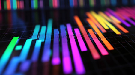 This vibrant abstract digital artwork features colorful waveform patterns with neon light effects. Perfect for technology and creative projects.の素材