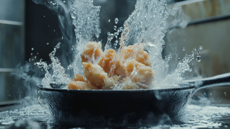 A high-energy image capturing a cast iron pan with fried food creating a dramatic splash of water, illustrating the excitement of cooking in a kitchen setting.の素材