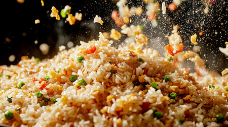 A close-up of vibrant fried rice being tossed, highlighting colorful vegetables and grains. Perfect for culinary enthusiasts looking for delicious meal ideas.の素材