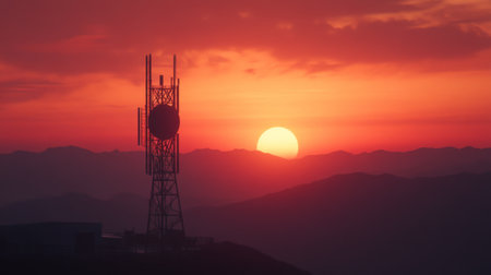 A stunning sunset casts vibrant colors over a telecommunications tower standing atop a mountain range, highlighting the beauty of nature and technology.の素材