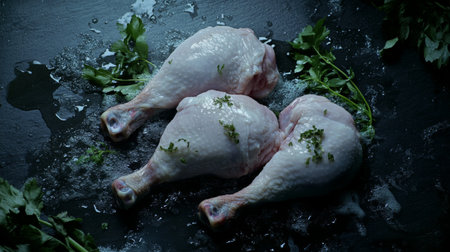 Three fresh chicken drumsticks garnished with herbs on a dark slate surface. Ideal for culinary projects, recipes, and food photography. Perfect for promoting healthy eating and cooking.の素材