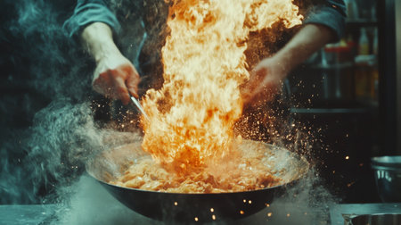 A captivating moment captures the intense flames erupting from a wok as a chef skillfully stirs vibrant ingredients. The scene embodies passion and high-energy culinary art.の素材