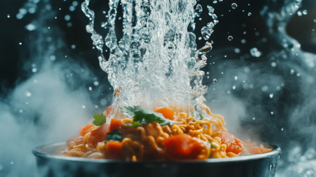 A dynamic shot capturing water splashing over fresh noodles and vibrant vegetables. The steam adds a sense of warmth and flavor, perfect for food enthusiasts.の素材