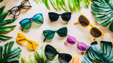 A vibrant collection of colorful sunglasses arranged on green leaves, perfect for summer. Ideal for showcasing fashion accessories and lifestyle themes.の素材