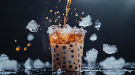 A vibrant and refreshing bubble tea drink with ice and bubbles captivatingly splashed in a clear cup. Perfect for summer enjoyment!の素材