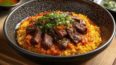 A vibrant dish featuring tender grilled meat served over colorful rice, garnished with fresh herbs. Perfect for food lovers and culinary enthusiasts.の素材