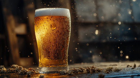 A refreshing glass of amber beer filled with foam and bubbles creates a visual masterpiece. The backdrop reveals a brewery atmosphere, perfect for captures.の素材
