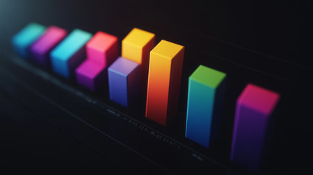 This vibrant 3D bar graph showcases colorful blocks against a dark background, ideal for representing data analysis, statistics, and business performance.の素材