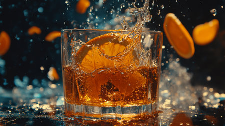 A vibrant cocktail splashes in a crystal glass with orange slices, capturing the essence of refreshment. Perfect for bar or summer themes.の素材