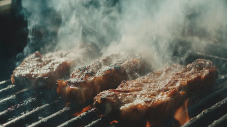 Succulent grilled steak sizzling on a charcoal grill, enveloped in aromatic smoke. Perfect for culinary enthusiasts seeking delicious outdoor meal inspiration.の素材