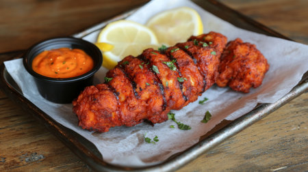 Enjoy a plate of crispy fried chicken strips served with fresh lemon slices and a spicy dipping sauce, perfect for a tasty snack or meal.の素材