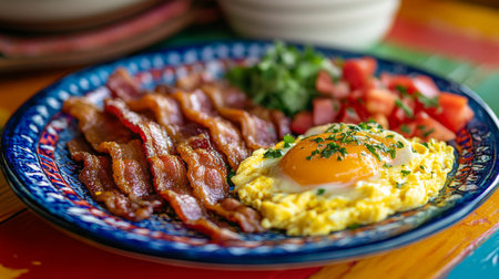 Indulge in a vibrant breakfast plate featuring crispy bacon, fluffy scrambled eggs, and fresh vegetables. Perfect for food lovers and culinary enthusiasts.の素材