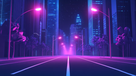A stunning futuristic cityscape featuring neon lights illuminating an empty road at night. The vibrant colors and modern architecture create a captivating atmosphere.の素材