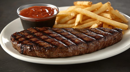 A beautifully grilled steak served alongside crispy French fries and a side of BBQ sauce, perfect for a hearty meal at any restaurant or home.の素材