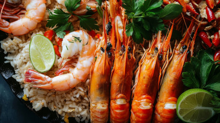 Vibrant dish featuring fresh prawns and rice garnished with herbs and citrus slices. Perfect for seafood lovers seeking a delicious and colorful meal.の素材